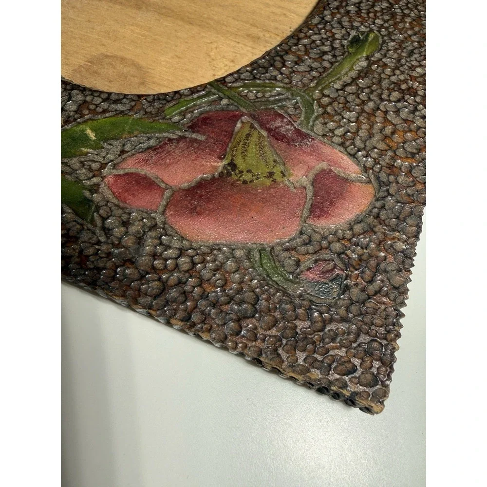 Antique Flemish Art Double Oval Photo Frame Poppy Floral Wall Hanging 12x9